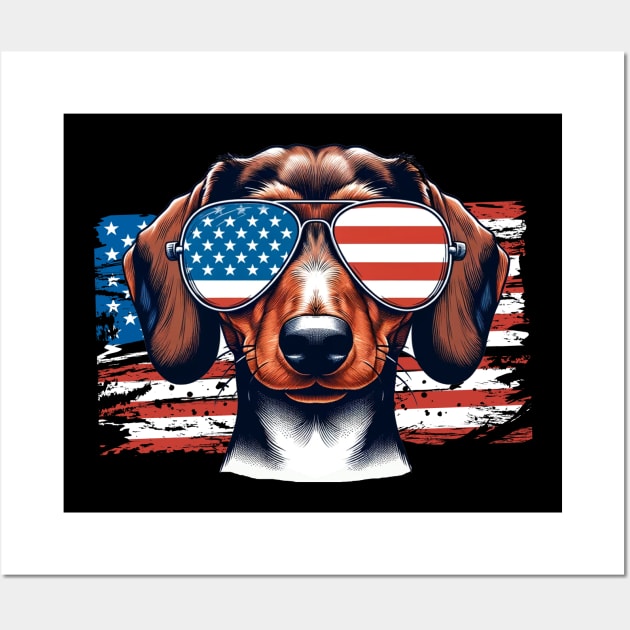 Dachshund Patriotic Sunglasses American Flag 4th of July Wall Art by karishmamakeia